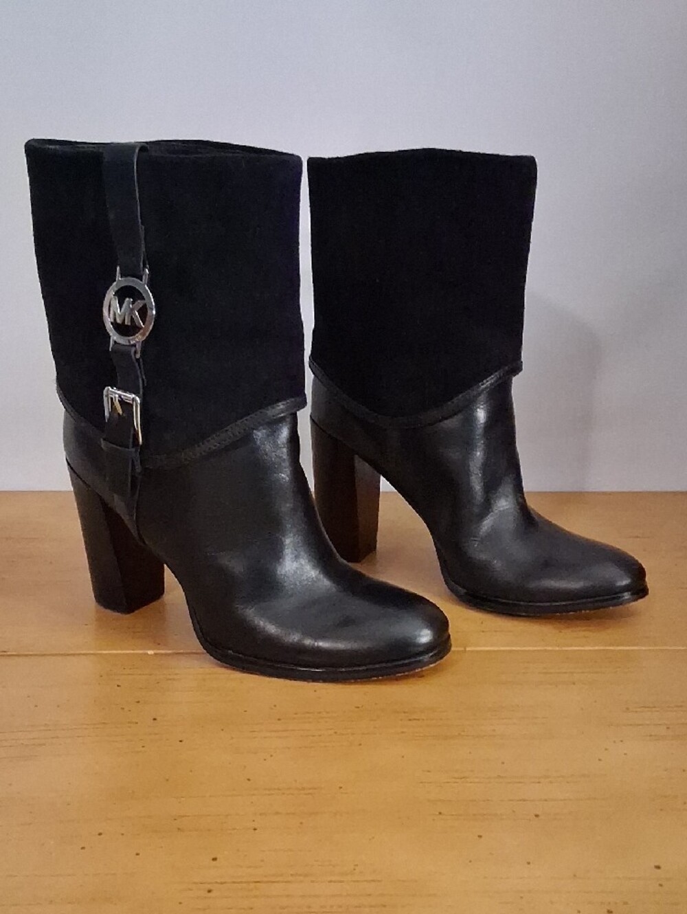 Michael Kors Black Leather & Suede Mid-Calf Heel Boots